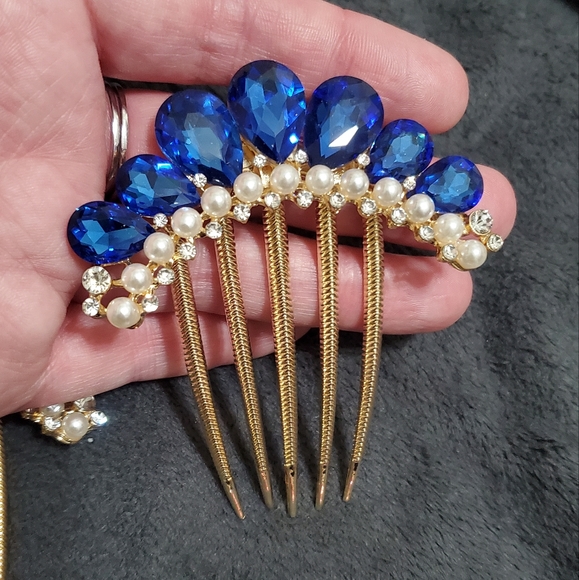 NEW 3x Lot 3-Piece Heavy Jeweled Hair Combs Prom Fancy Formal Navy, Peach, Lilac - Picture 3 of 5